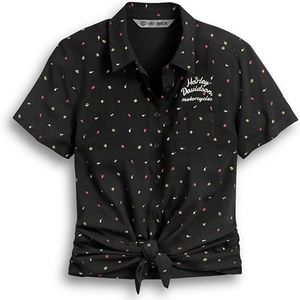 Harley-Davidson Womens Allover Print Tie-Front Black Short Sleeve Woven size L